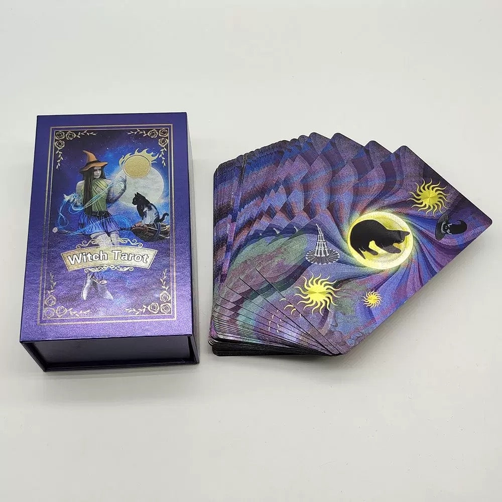 Witch Tarot card set with purple box on a white background