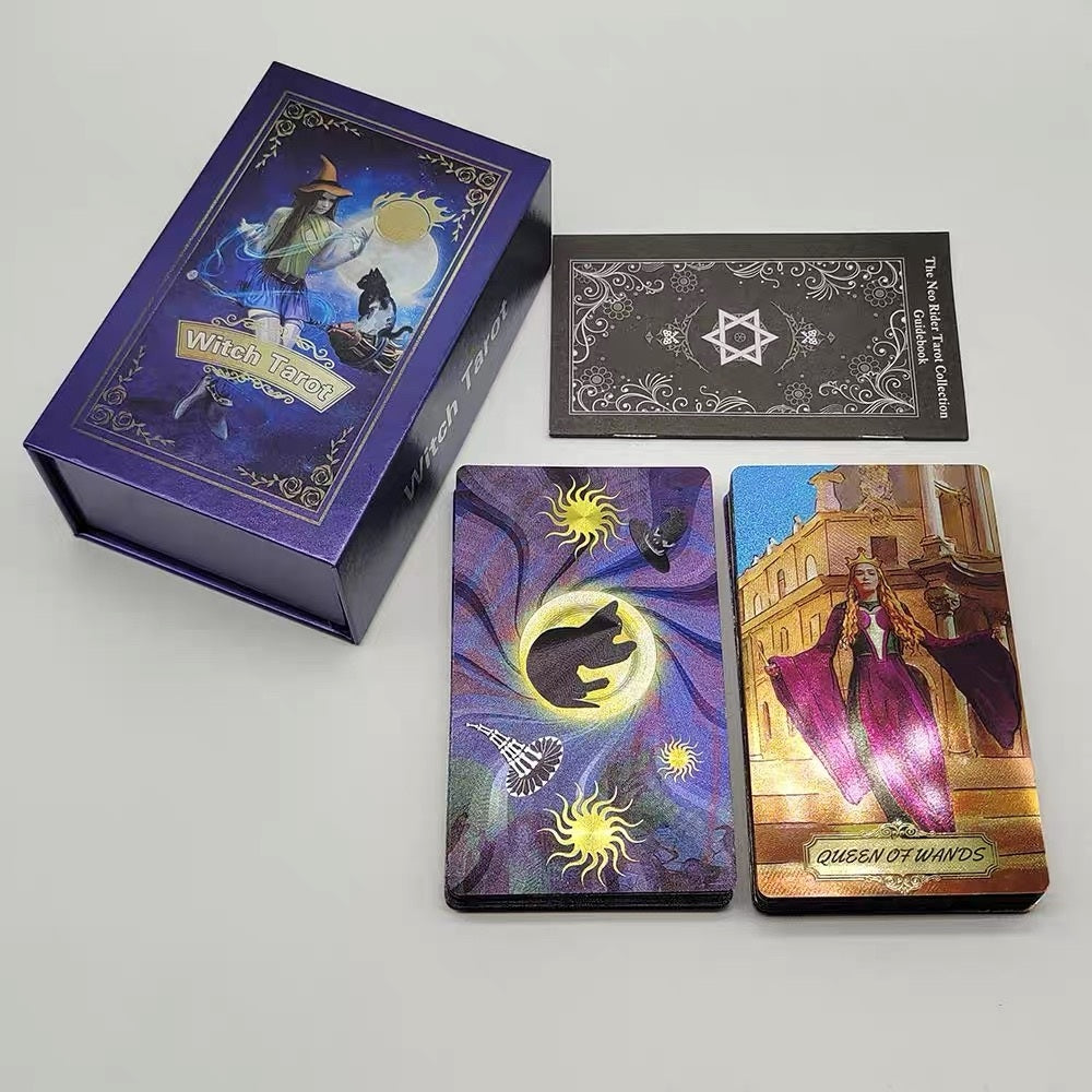 Witch Tarot cards with a purple box on a gray background