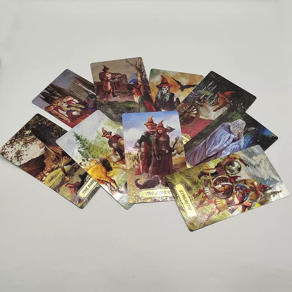 Collection of tarot cards with various illustrations on a light gray background