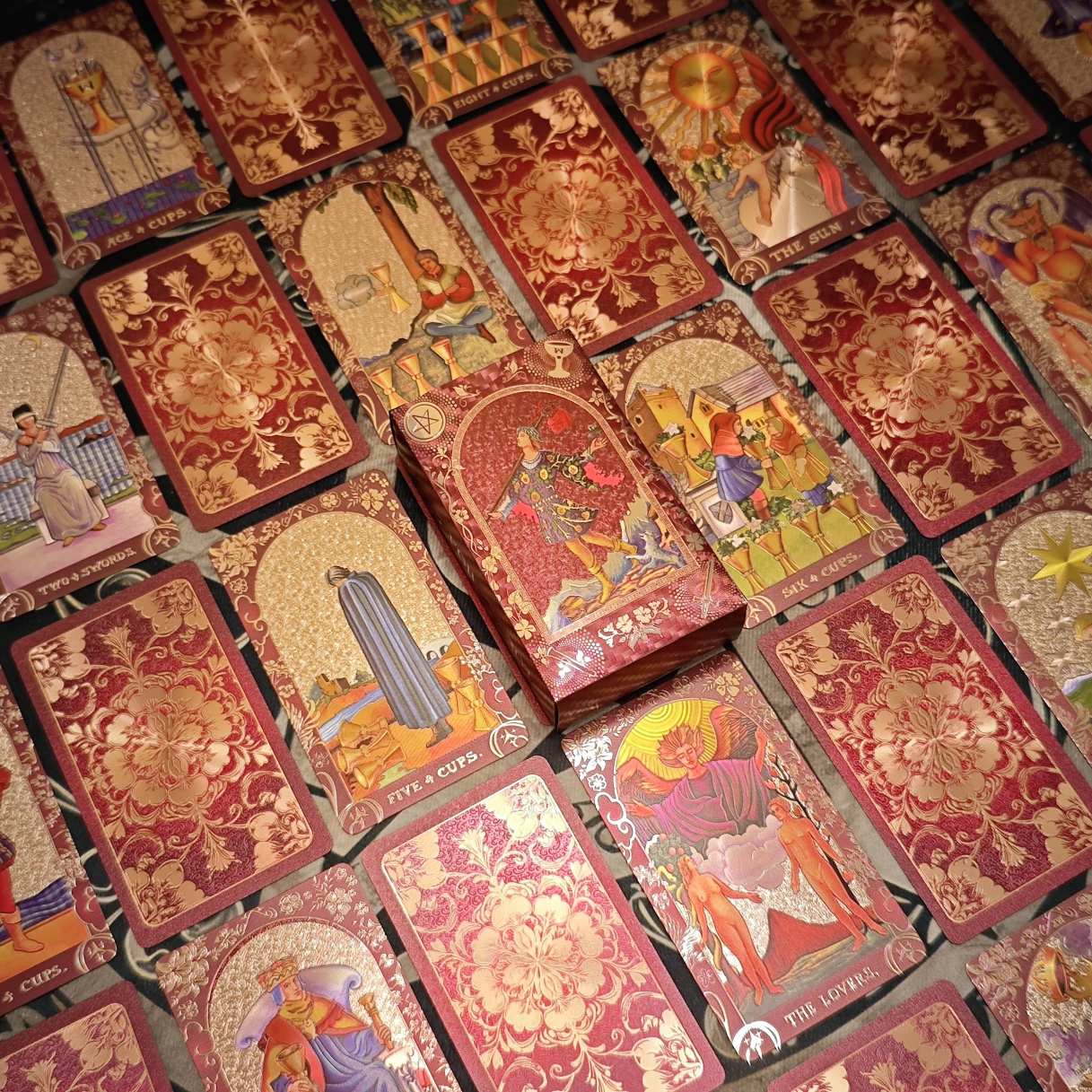 Crimson Rose: Red Gold Foil Tarot Deck — Luxury Floral Edition