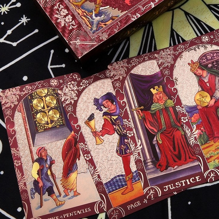 Crimson Rose: Red Gold Foil Tarot Deck — Luxury Floral Edition