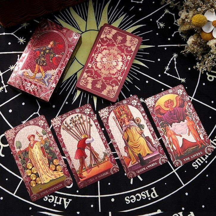 Crimson Rose: Red Gold Foil Tarot Deck — Luxury Floral Edition